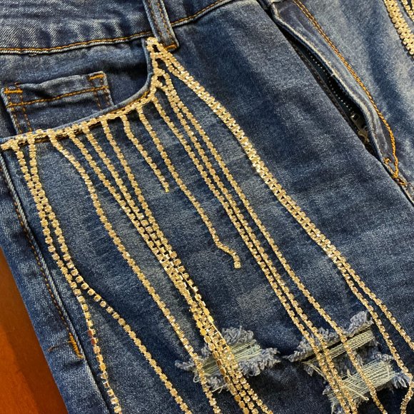 Fashion Nova Rhinestone Tassel Distresses Jeans - Picture 3 of 4